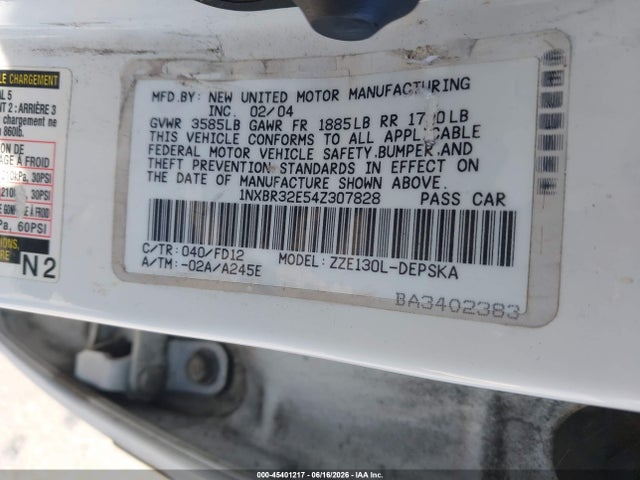 2004 Toyota Corolla S მანქანა იყიდება აუქციონზე, vin: 1NXBR32E54Z307828, აუქციონის ნომერი: 45401217