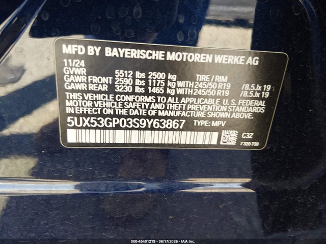 45401219 :رقم المزاد ، 5UX53GP03S9Y63867 vin ، 2025 Bmw X3 30 Xdrive مزاد بيع
