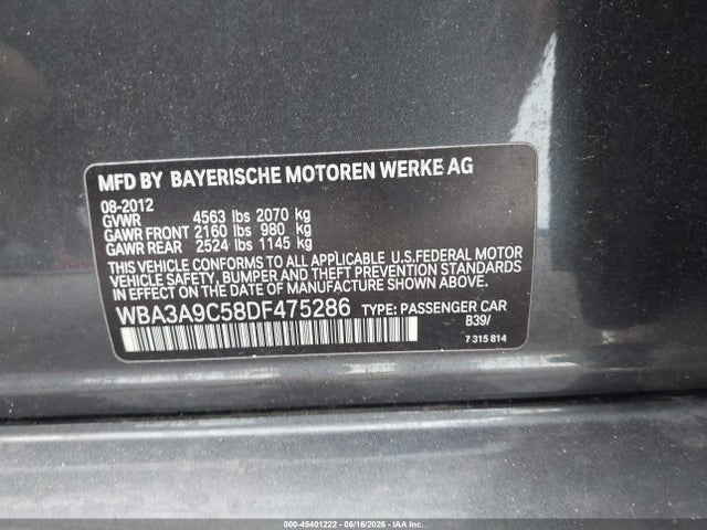 45401222 :رقم المزاد ، WBA3A9C58DF475286 vin ، 2013 Bmw 335i مزاد بيع