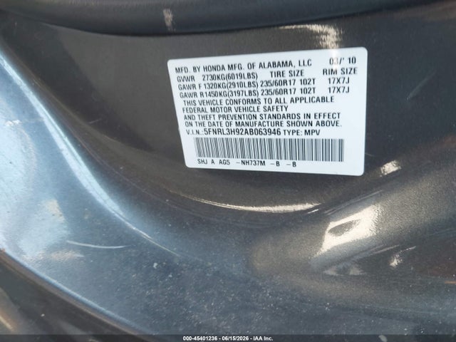 2010 Honda Odyssey Touring მანქანა იყიდება აუქციონზე, vin: 5FNRL3H92AB063946, აუქციონის ნომერი: 45401236