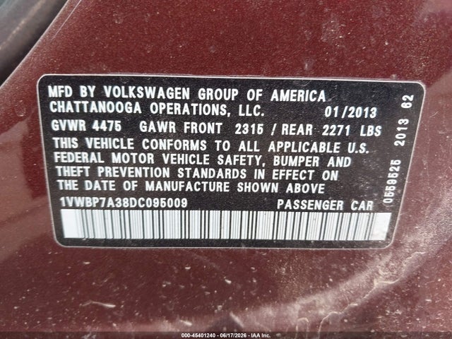 Продаж на аукціоні авто 2013 Volkswagen Passat 2.5l Se, vin: 1VWBP7A38DC095009, номер лоту: 45401240