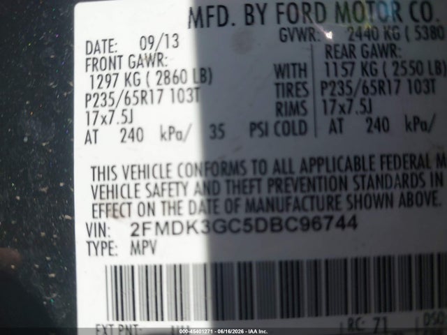 45401271 :رقم المزاد ، 2FMDK3GC5DBC96744 vin ، 2013 Ford Edge Se مزاد بيع
