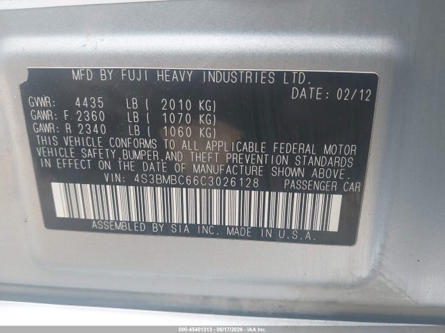 Продаж на аукціоні авто 2012 Subaru Legacy 2.5i Premium, vin: 4S3BMBC66C3026128, номер лоту: 45401313