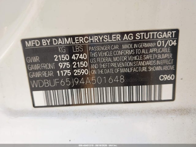 2004 Mercedes-benz E 320 მანქანა იყიდება აუქციონზე, vin: WDBUF65J94A501648, აუქციონის ნომერი: 45401319