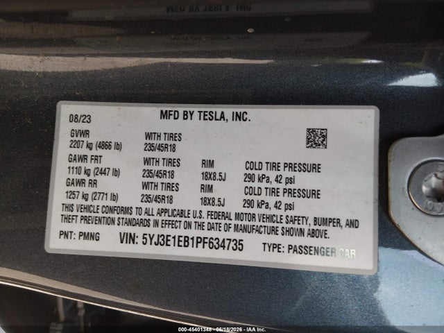 Aukcja sprzedaży 2023 Tesla Model 3 Long Range Dual Motor All-wheel Drive, vin: 5YJ3E1EB1PF634735, numer aukcji: 45401348