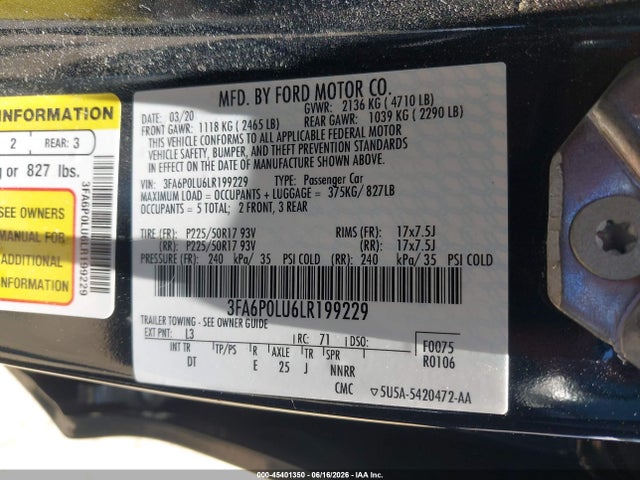 Ford Fusion Hybrid Se 2020 3FA6P0LU6LR199229 Image 9