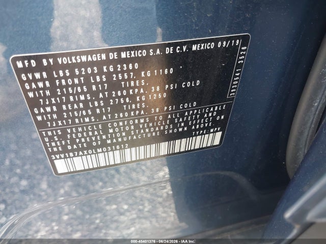 2020 Volkswagen Tiguan 2.0t S მანქანა იყიდება აუქციონზე, vin: 3VV1B7AX0LM031612, აუქციონის ნომერი: 45401376