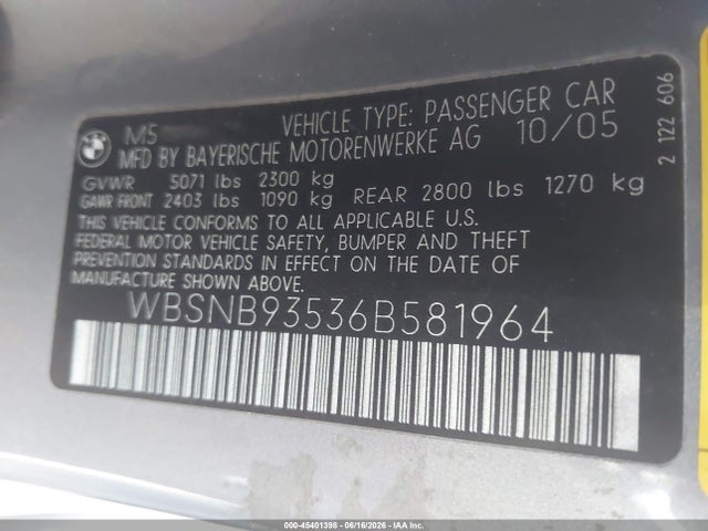 Продаж на аукціоні авто 2006 Bmw M5, vin: WBSNB93536B581964, номер лоту: 45401398