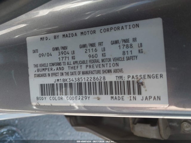 Aukcja sprzedaży 2005 Mazda Mazda3 S, vin: JM1BK343851228628, numer aukcji: 45401434