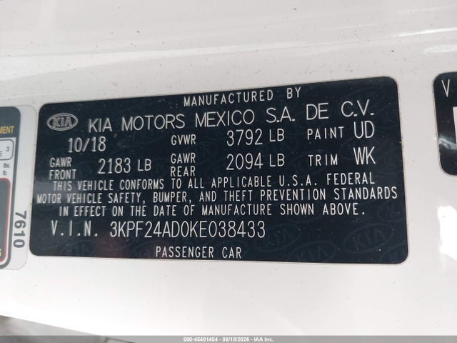 Aukcja sprzedaży 2019 Kia Forte Lxs, vin: 3KPF24AD0KE038433, numer aukcji: 45401454
