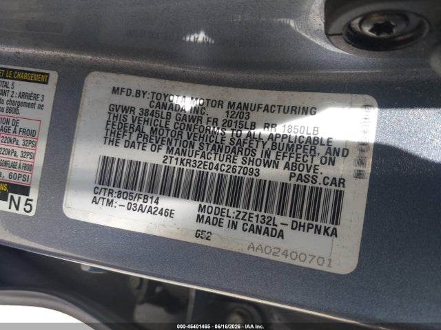 Aukcja sprzedaży 2004 Toyota Matrix Xr, vin: 2T1KR32E04C267093, numer aukcji: 45401465