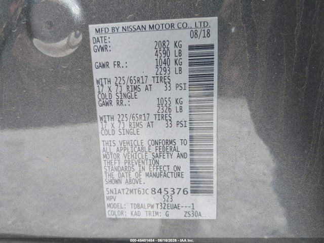 45401484 :رقم المزاد ، 5N1AT2MT6JC845376 vin ، 2018 Nissan Rogue S مزاد بيع