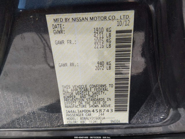 Aukcja sprzedaży 2013 Nissan Altima 2.5 Sl, vin: 1N4AL3AP0DN458743, numer aukcji: 45401488