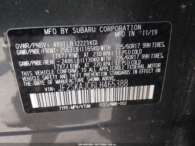 2020 Subaru Forester Premium მანქანა იყიდება აუქციონზე, vin: JF2SKAJC6LH465388, აუქციონის ნომერი: 45401493