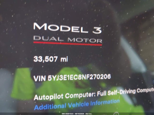 45401533 :رقم المزاد ، 5YJ3E1EC8NF270206 vin ، 2022 Tesla Model 3 Performance Dual Motor All-wheel Drive مزاد بيع
