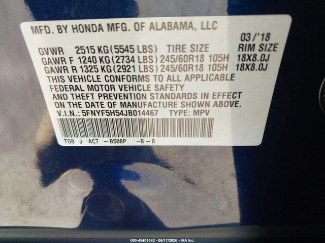 Honda Pilot Ex-l 2018 5FNYF5H54JB014467 Image 9