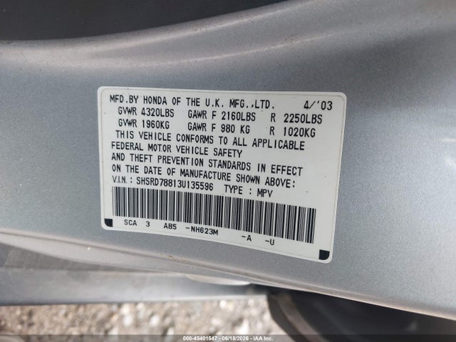 2003 Honda Cr-v Ex მანქანა იყიდება აუქციონზე, vin: SHSRD78813U135596, აუქციონის ნომერი: 45401547