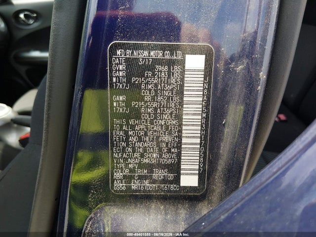 Продаж на аукціоні авто 2017 Nissan Juke S, vin: JN8AF5MR3HT705897, номер лоту: 45401555