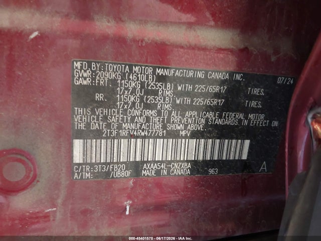 2024 Toyota Rav4 Le მანქანა იყიდება აუქციონზე, vin: 2T3F1RFV4RW477781, აუქციონის ნომერი: 45401570