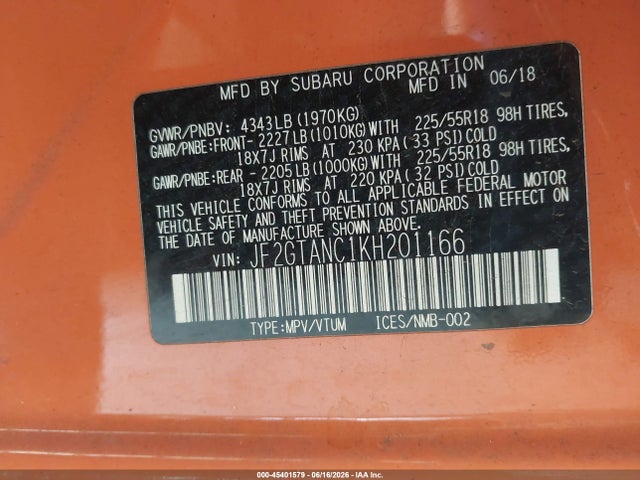 Продажа на аукционе авто 2019 Subaru Crosstrek 2.0i Limited, vin: JF2GTANC1KH201166, номер лота: 45401579