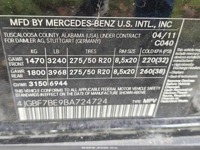 Aukcja sprzedaży 2011 Mercedes-benz Gl 450 4matic, vin: 4JGBF7BE9BA724724, numer aukcji: 45401581