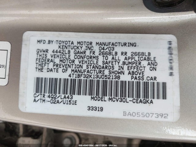 Продаж на аукціоні авто 2003 Toyota Camry Xle V6, vin: 4T1BF32K13U052138, номер лоту: 45401584