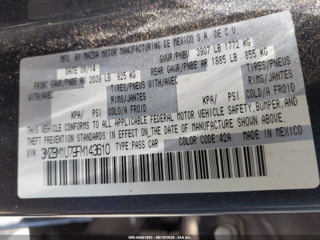 45401593 :رقم المزاد ، 3MZBM1U79FM143610 vin ، 2015 Mazda Mazda3 I Sport مزاد بيع
