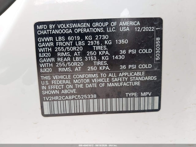 Aukcja sprzedaży 2023 Volkswagen Atlas 3.6l V6 Se W/technology, vin: 1V2HR2CA8PC525338, numer aukcji: 45401612