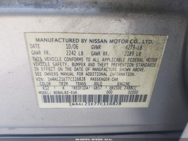 45401616 :رقم المزاد ، 1N4AL21E77C116828 vin ، 2007 Nissan Altima 2.5 S مزاد بيع