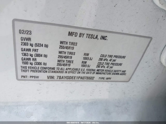Aukcja sprzedaży 2023 Tesla Model Y Awd/long Range Dual Motor All-wheel Drive, vin: 7SAYGDEE1PA078602, numer aukcji: 45401618