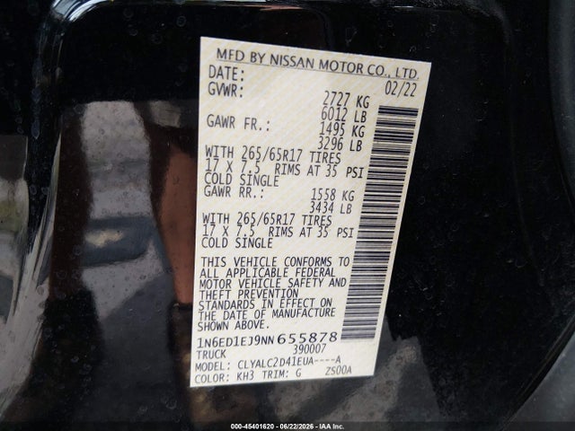 45401620 :رقم المزاد ، 1N6ED1EJ9NN655878 vin ، 2022 Nissan Frontier Sv 4x2 مزاد بيع