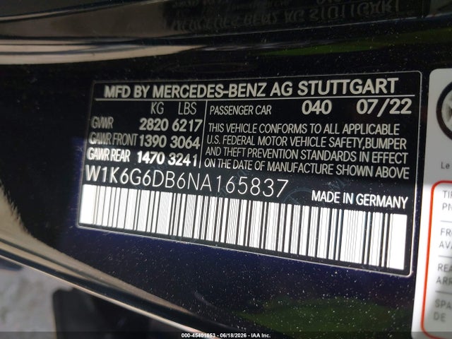 45401653 :رقم المزاد ، W1K6G6DB6NA165837 vin ، 2022 Mercedes-benz S 500 4matic مزاد بيع