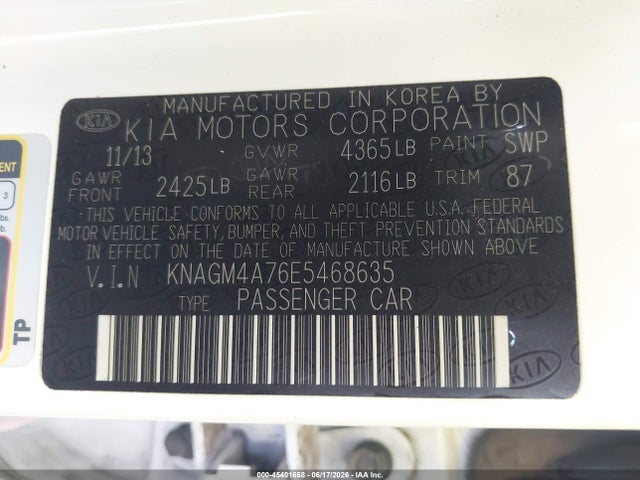 KNAGM4A76E5468635 KIA Optima Lx