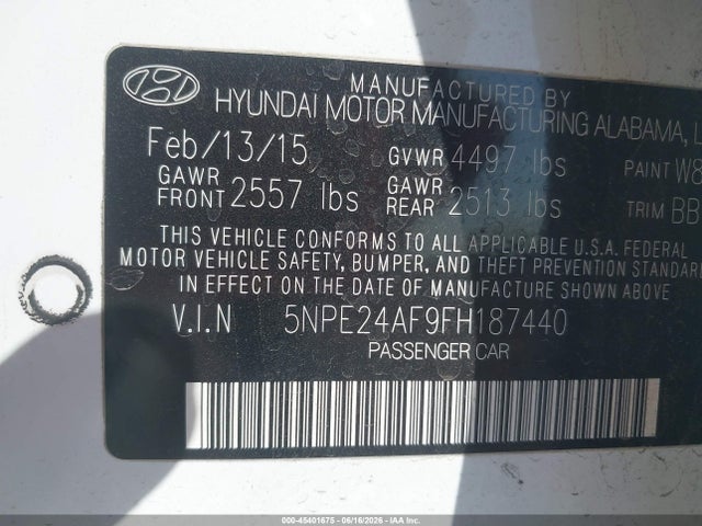 Hyundai SONATA SE 2015 5NPE24AF9FH187440 Image 9