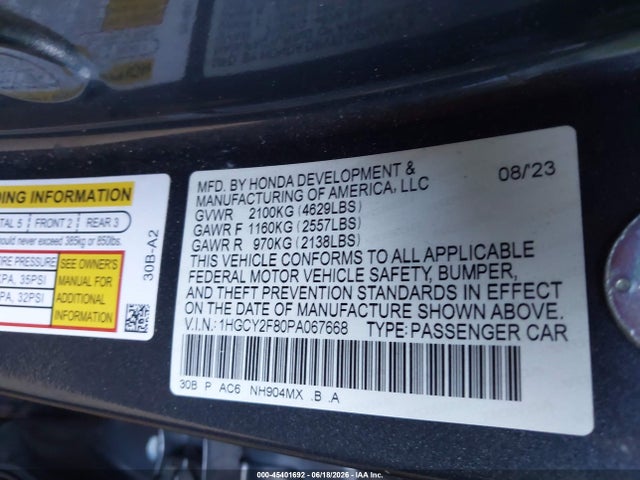 1HGCY2F80PA067668 Honda Accord Hybrid Touring
