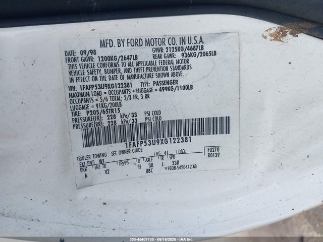 Aukcja sprzedaży 1999 Ford Taurus Se/se-ne, vin: 1FAFP53U9XG122381, numer aukcji: 45401700