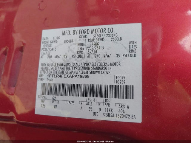 Продаж на аукціоні авто 2010 Ford Ranger Sport/xlt, vin: 1FTLR4FEXAPA19869, номер лоту: 45401702