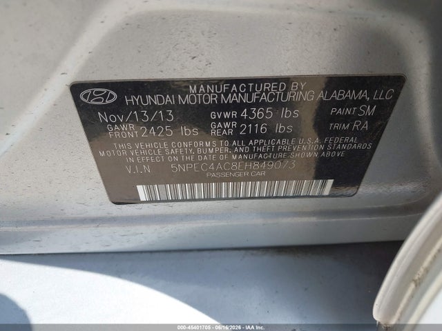 2014 Hyundai Sonata Se მანქანა იყიდება აუქციონზე, vin: 5NPEC4AC8EH849073, აუქციონის ნომერი: 45401705
