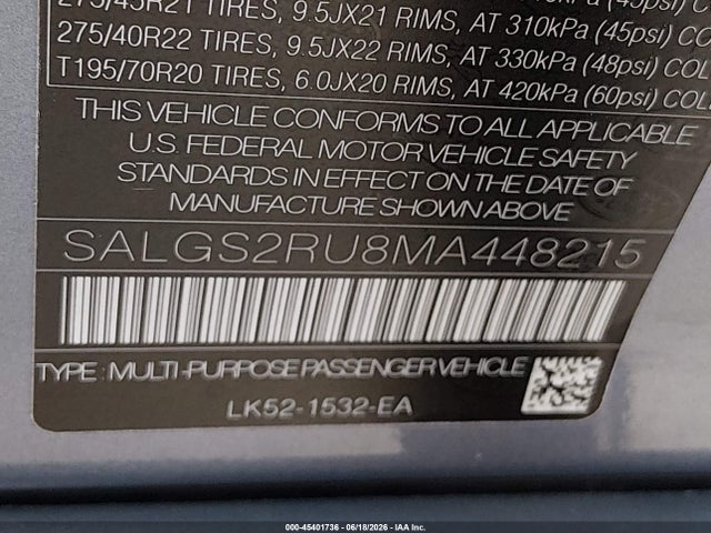 Aukcja sprzedaży 2021 Land Rover Range Rover Westminster, vin: SALGS2RU8MA448215, numer aukcji: 45401736