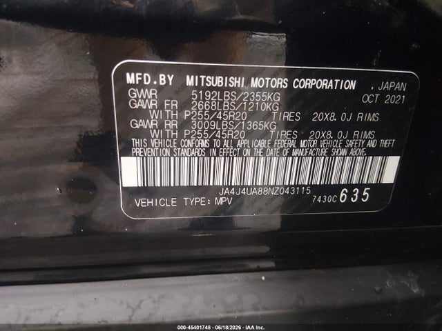 2022 Mitsubishi Outlander Black Edition S-awc/se 2.5 S-awc/se Launch Edition S-awc მანქანა იყიდება აუქციონზე, vin: JA4J4UA88NZ043115, აუქციონის ნომერი: 45401748