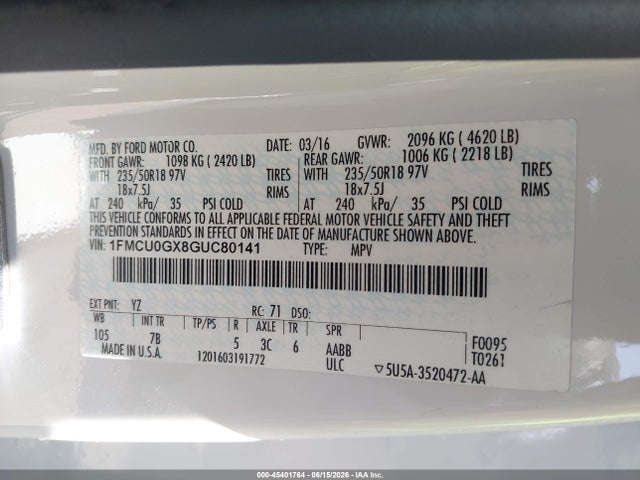 Aukcja sprzedaży 2016 Ford Escape Se, vin: 1FMCU0GX8GUC80141, numer aukcji: 45401764