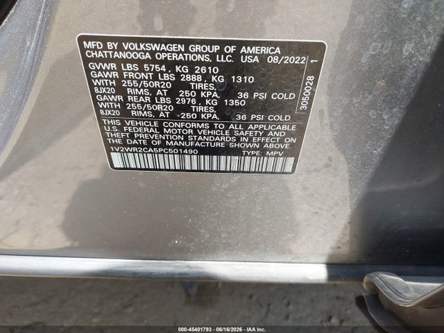 Продаж на аукціоні авто 2023 Volkswagen Atlas 3.6l V6 Se W/technology, vin: 1V2WR2CA5PC501490, номер лоту: 45401793