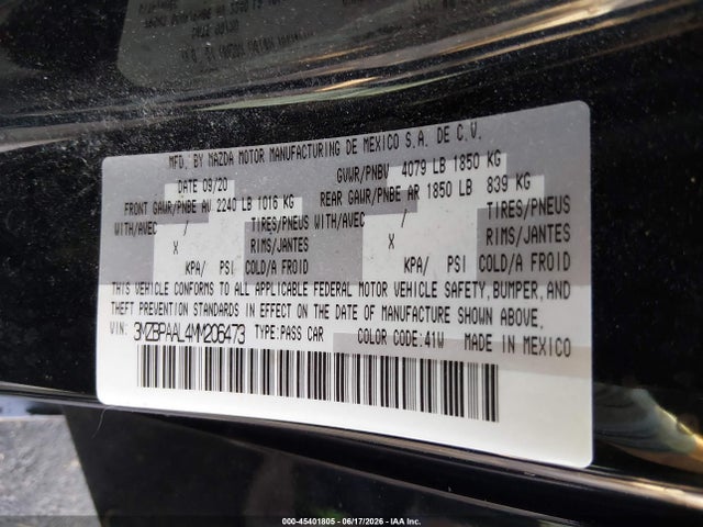 Aukcja sprzedaży 2021 Mazda Mazda3 2.5 S, vin: 3MZBPAAL4MM206473, numer aukcji: 45401805