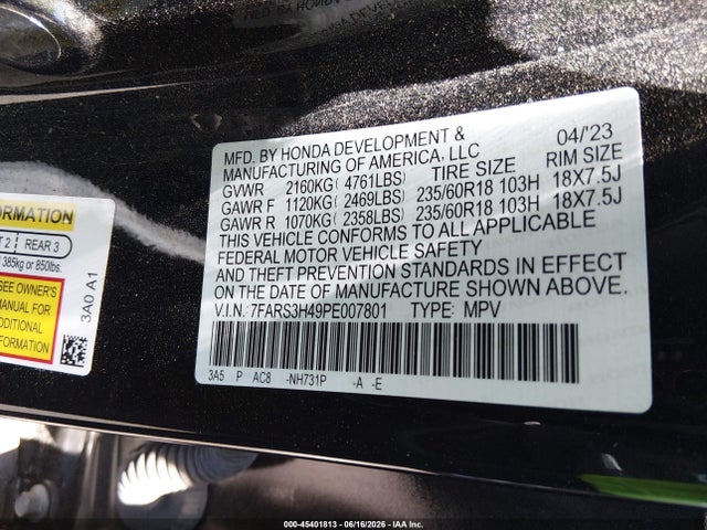 7FARS3H49PE007801 Honda Cr-v Ex 2wd