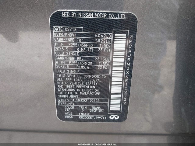 45401822 :رقم المزاد ، 3PCAJ5M3XKF102722 vin ، 2019 Infiniti Qx50 Essential مزاد بيع