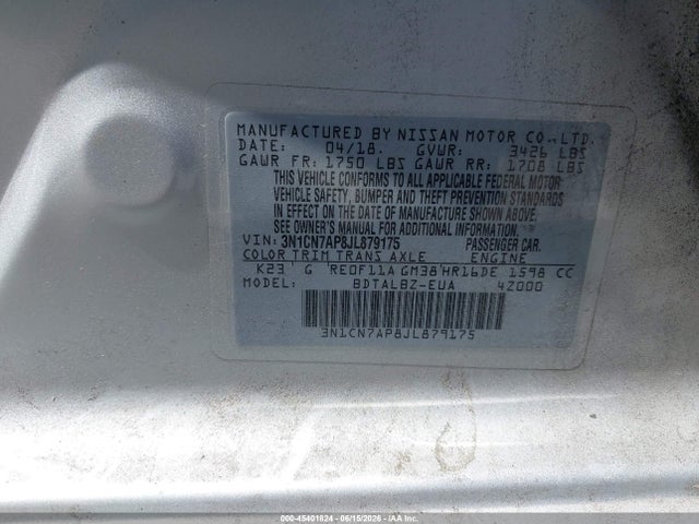 Aukcja sprzedaży 2018 Nissan Versa 1.6 Sv, vin: 3N1CN7AP8JL879175, numer aukcji: 45401824