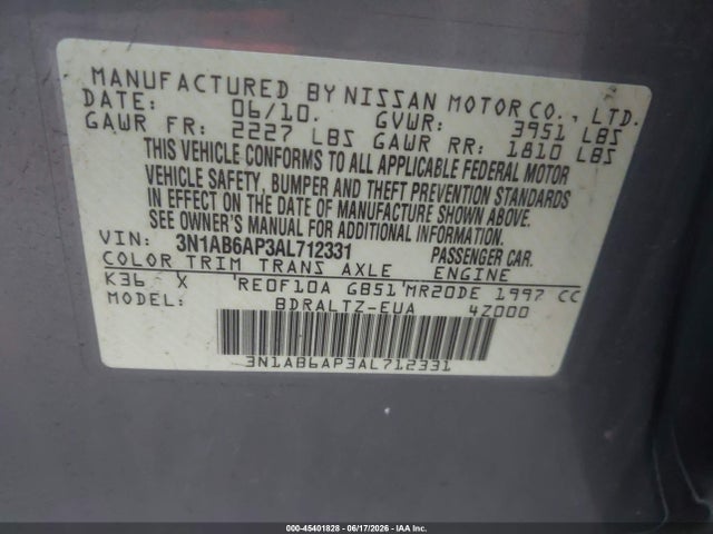 45401828 :رقم المزاد ، 3N1AB6AP3AL712331 vin ، 2010 Nissan Sentra 2.0s مزاد بيع