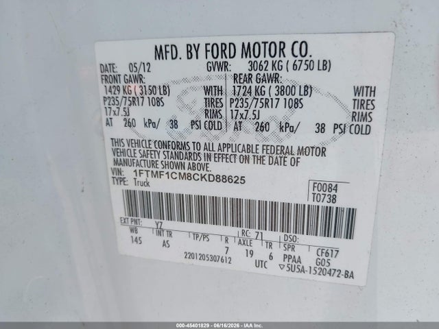 Продажа на аукционе авто 2012 Ford F-150 Xl, vin: 1FTMF1CM8CKD88625, номер лота: 45401829