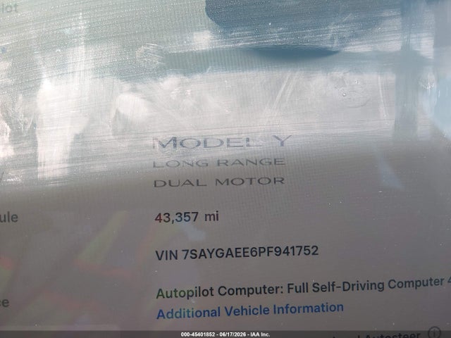45401852 :رقم المزاد ، 7SAYGAEE6PF941752 vin ، 2023 Tesla Model Y Awd/long Range Dual Motor All-wheel Drive مزاد بيع