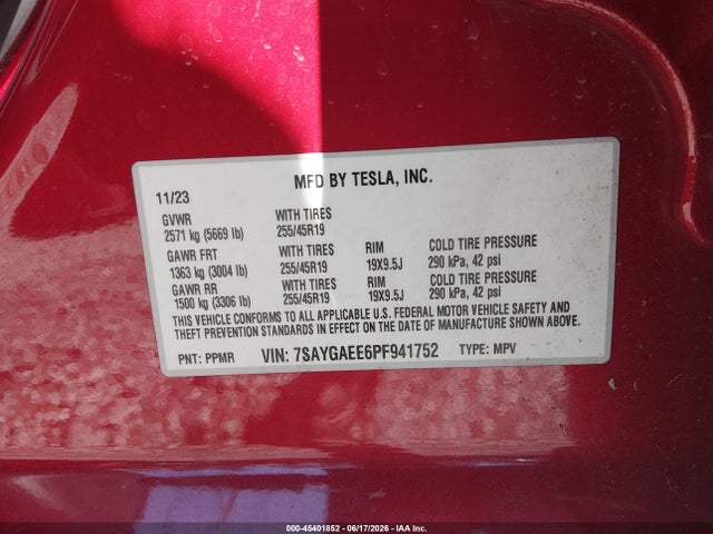 45401852 :رقم المزاد ، 7SAYGAEE6PF941752 vin ، 2023 Tesla Model Y Awd/long Range Dual Motor All-wheel Drive مزاد بيع